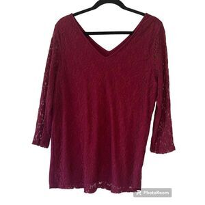 Lane Bryant Lace Knit Contrast V-Neck Top Womens 18/20 Red 3/4 Sleeve Tunic